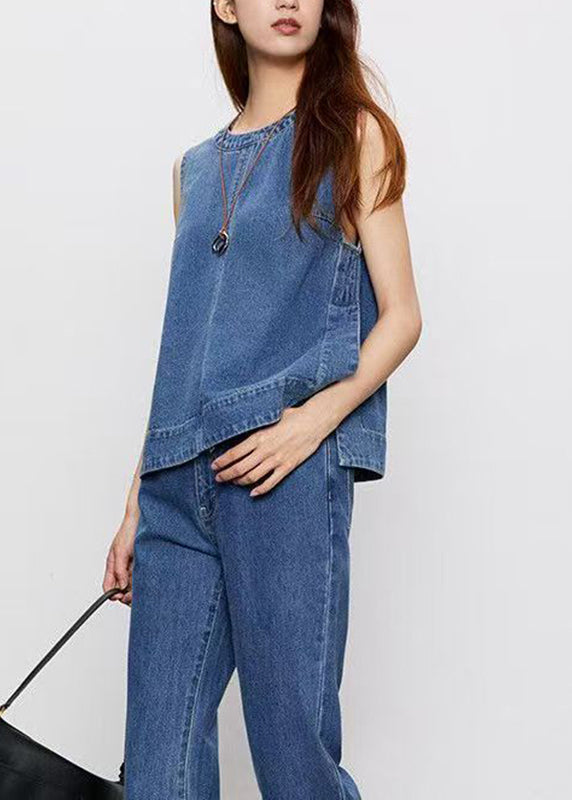 Fashion Blue Patchwork Denim Top And Jeans Two Pieces Set Sleeveless
