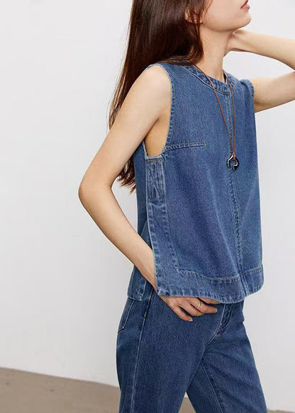 Fashion Blue Patchwork Denim Top And Jeans Two Pieces Set Sleeveless
