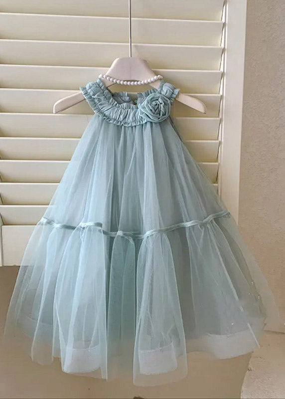 Fashion Blue Patchwork Floral Tulle Kids Maxi Dress Sleeveless