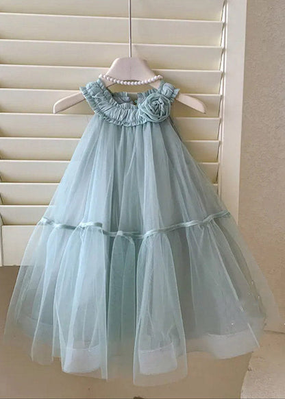 Fashion Blue Patchwork Floral Tulle Kids Maxi Dress Sleeveless
