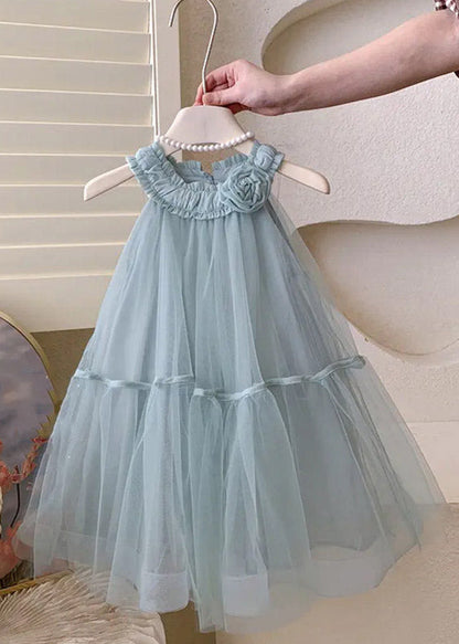 Fashion Blue Patchwork Floral Tulle Kids Maxi Dress Sleeveless