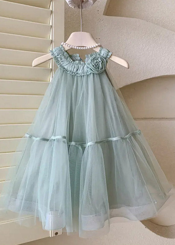 Fashion Blue Patchwork Floral Tulle Kids Maxi Dress Sleeveless