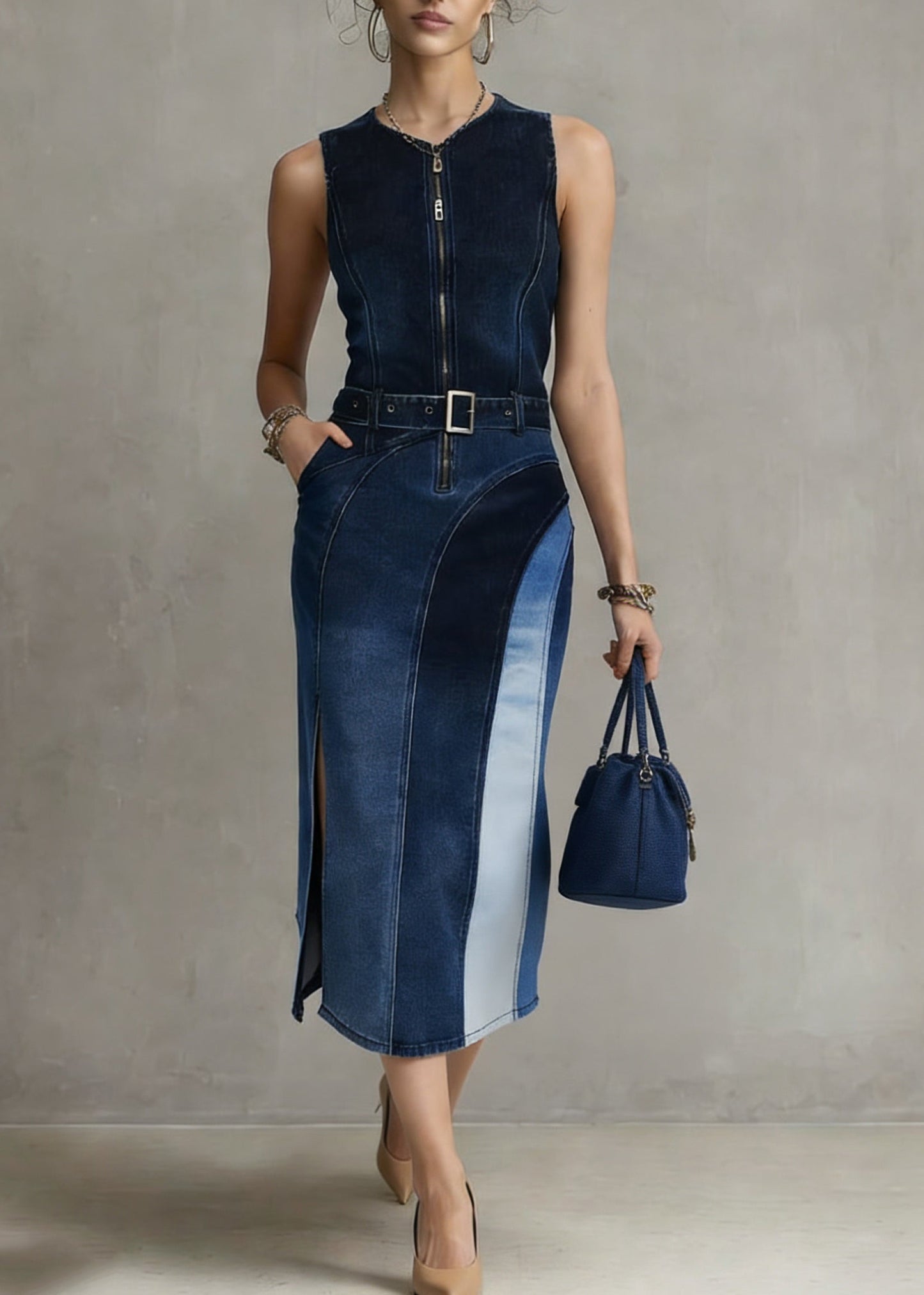 Fashion Blue Patchwork Sashes Side Open Vacation Denim Long Dresses