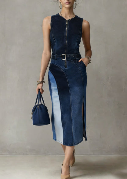 Fashion Blue Patchwork Sashes Side Open Vacation Denim Long Dresses