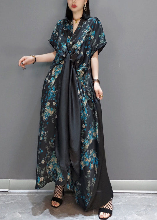 Mode Blau Patchwork Seide Maxi Kleider Kurzarm