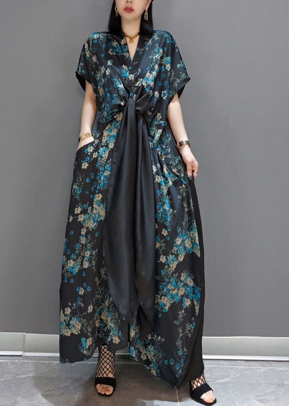 Mode Blau Patchwork Seide Maxi Kleider Kurzarm