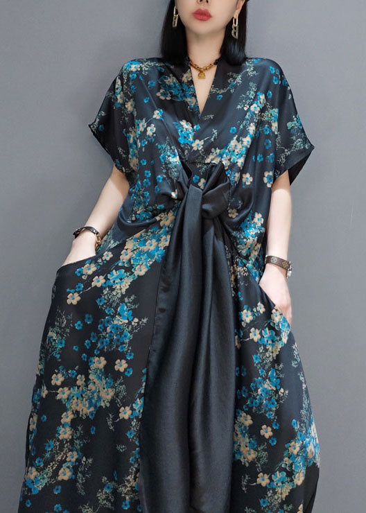 Mode Blau Patchwork Seide Maxi Kleider Kurzarm