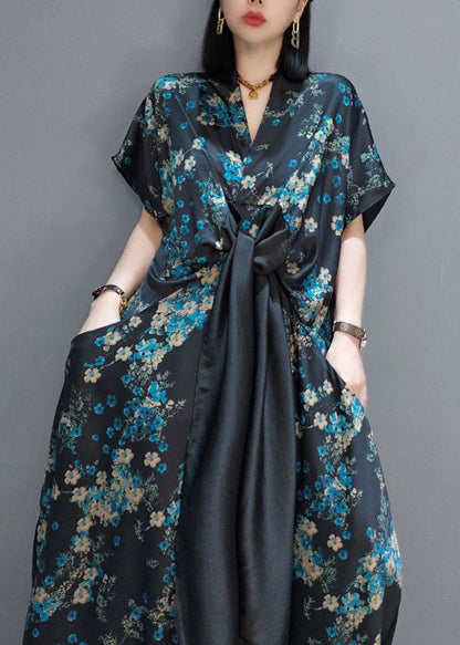 Mode Blau Patchwork Seide Maxi Kleider Kurzarm