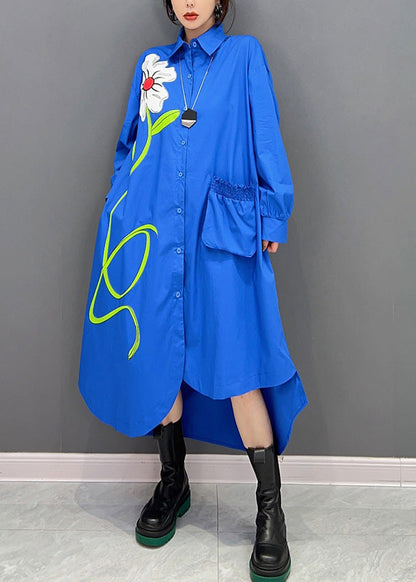 Mode Blau Peter Pan Kragen Asymmetrische Print Button Maxi Shirts Kleid Langarm