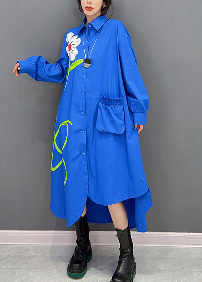 Mode Blau Peter Pan Kragen Asymmetrische Print Button Maxi Shirts Kleid Langarm