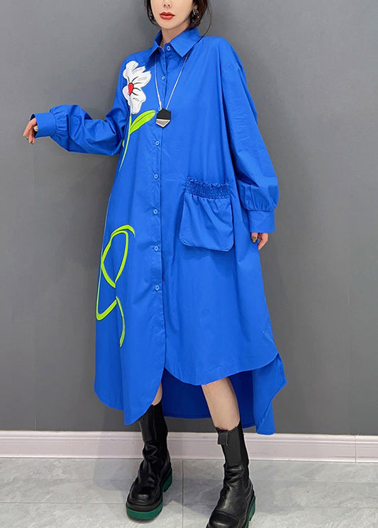 Mode Blau Peter Pan Kragen Asymmetrische Print Button Maxi Shirts Kleid Langarm