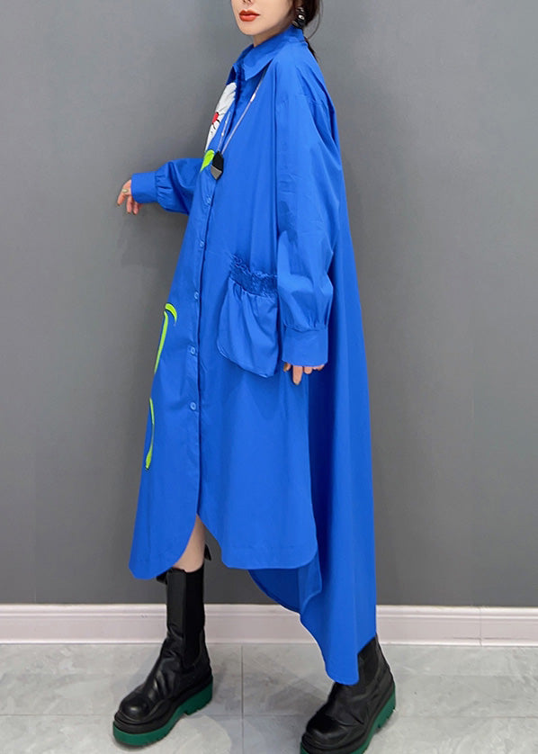 Mode Blau Peter Pan Kragen Asymmetrische Print Button Maxi Shirts Kleid Langarm