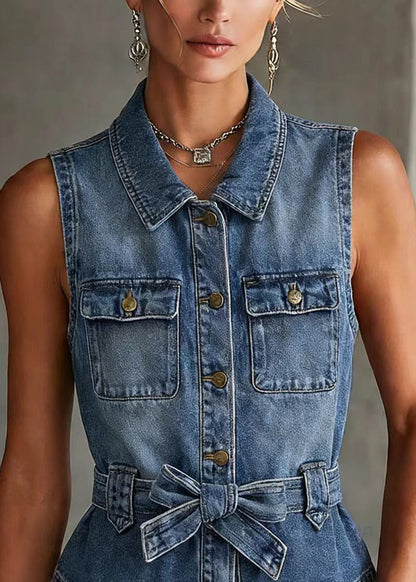 Fashion Blue Peter Pan Collar Denim Vest Top Sleeveless