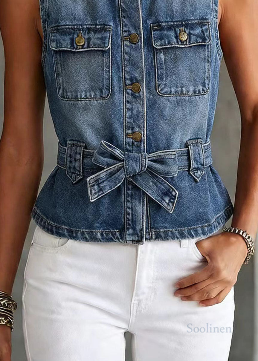 Fashion Blue Peter Pan Collar Denim Vest Top Sleeveless