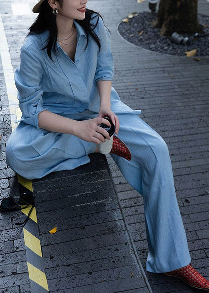 Fashion Blue Peter Pan Collar Linen Shirts And Wide Leg Pants Two Pieces Set Long Sleeve