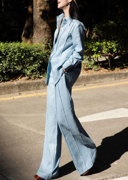Fashion Blue Peter Pan Collar Linen Shirts And Wide Leg Pants Two Pieces Set Long Sleeve