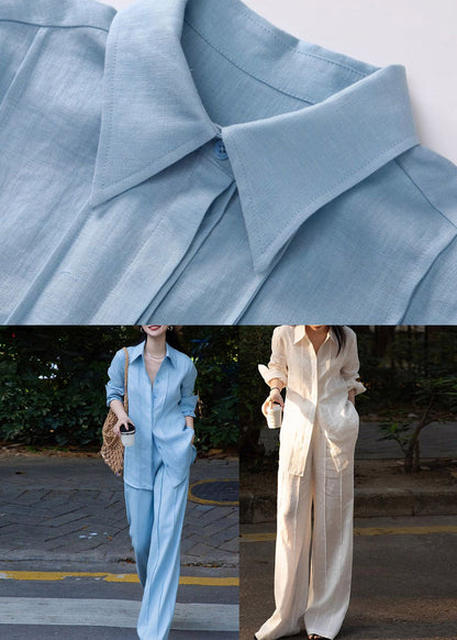 Fashion Blue Peter Pan Collar Linen Shirts And Wide Leg Pants Two Pieces Set Long Sleeve