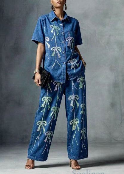 Fashion Blue Peter Pan Collar Zircon Denim Two Pieces Set Summer