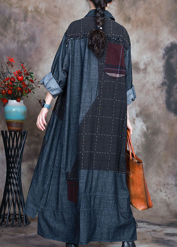 Modischer blauer PeterPan-Kragen Plaid Patchwork Denim Wintermantel