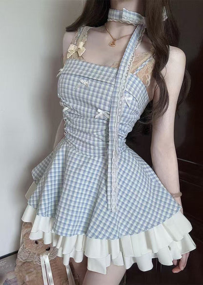 Fashion Blue Plaid Wrinkled Cotton Spaghetti Strap Dress Summer