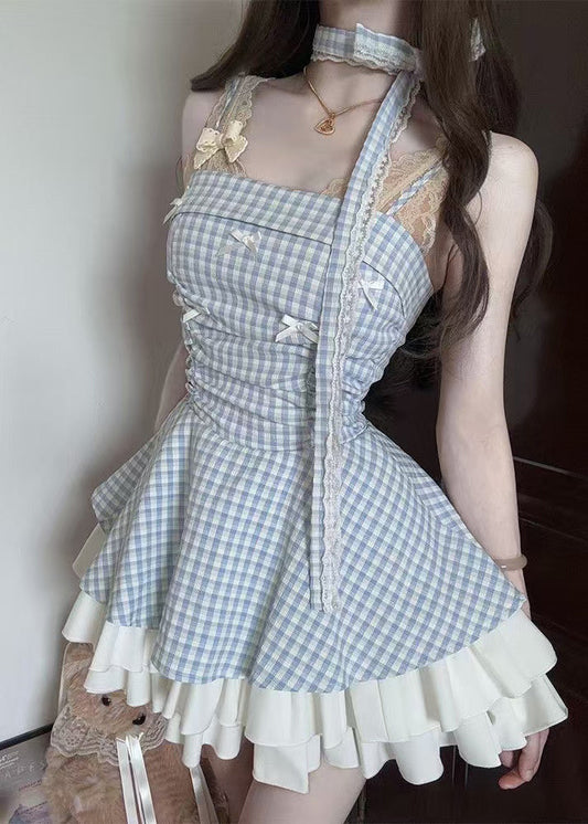 Fashion Blue Plaid Wrinkled Cotton Spaghetti Strap Dress Summer