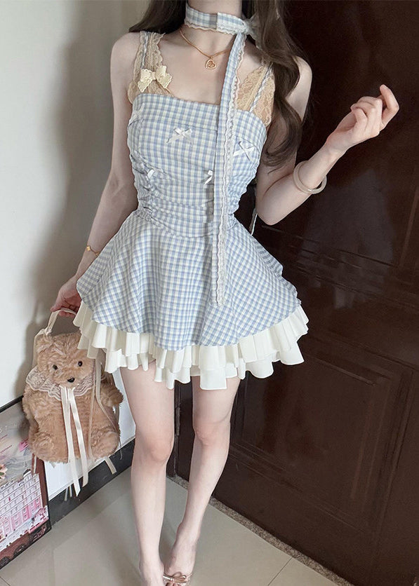Fashion Blue Plaid Wrinkled Cotton Spaghetti Strap Dress Summer