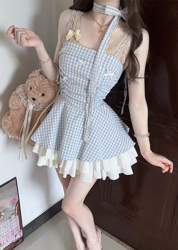Fashion Blue Plaid Wrinkled Cotton Spaghetti Strap Dress Summer