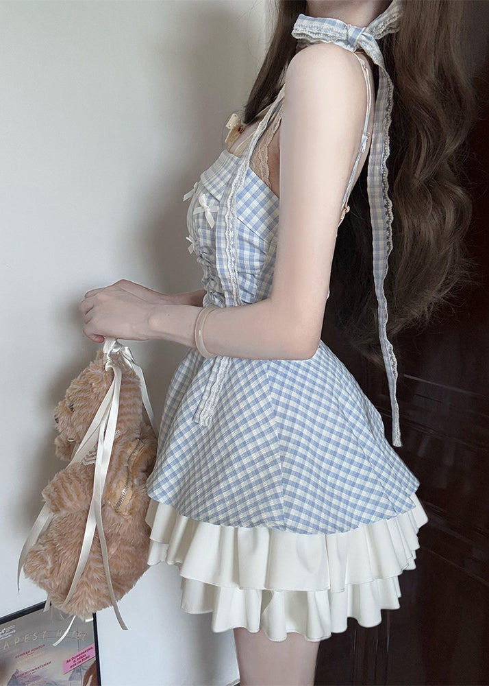 Fashion Blue Plaid Wrinkled Cotton Spaghetti Strap Dress Summer