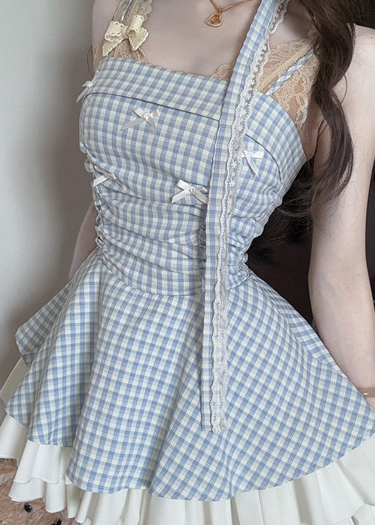 Fashion Blue Plaid Wrinkled Cotton Spaghetti Strap Dress Summer
