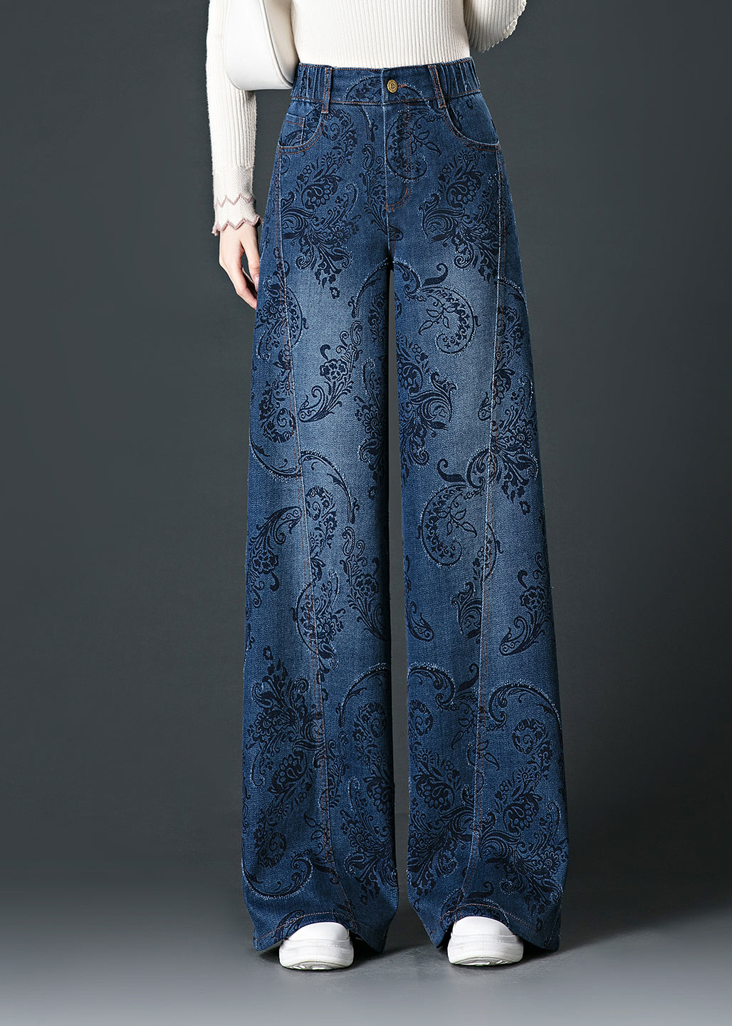 Vaqueros de pierna ancha y cintura alta con estampado de bolsillos azules de moda para otoño