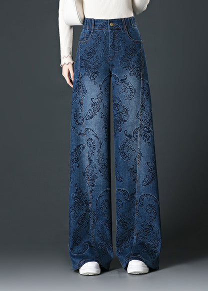 Vaqueros de pierna ancha y cintura alta con estampado de bolsillos azules de moda para otoño