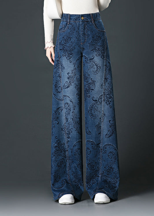 Vaqueros de pierna ancha y cintura alta con estampado de bolsillos azules de moda para otoño