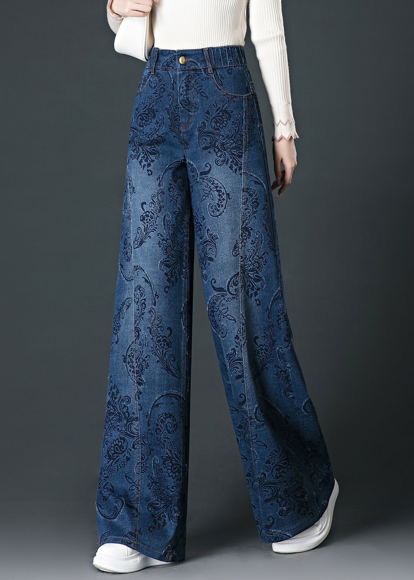 Vaqueros de pierna ancha y cintura alta con estampado de bolsillos azules de moda para otoño