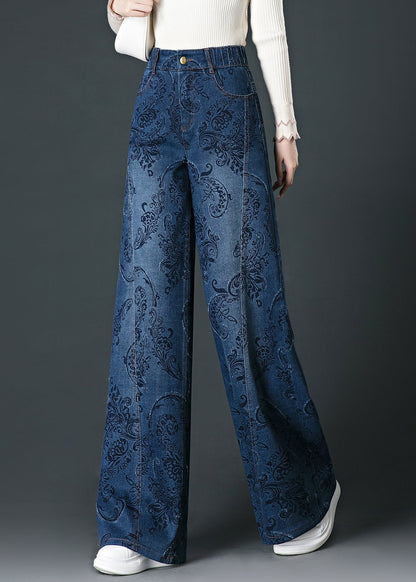 Vaqueros de pierna ancha y cintura alta con estampado de bolsillos azules de moda para otoño