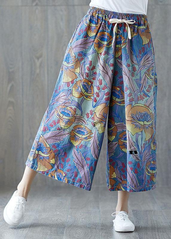 Fashion Blue Pockets Print Tie Waist Fall Wide Leg Pants - SooLinen