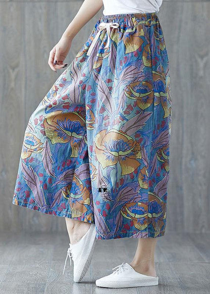 Fashion Blue Pockets Print Tie Waist Fall Wide Leg Pants - SooLinen