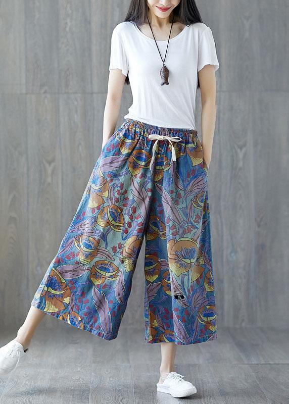 Fashion Blue Pockets Print Tie Waist Fall Wide Leg Pants - SooLinen