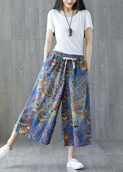 Fashion Blue Pockets Print Tie Waist Fall Wide Leg Pants - SooLinen