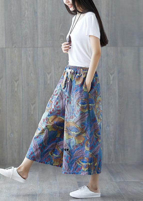 Fashion Blue Pockets Print Tie Waist Fall Wide Leg Pants - SooLinen