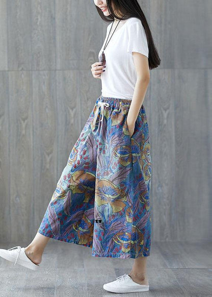 Fashion Blue Pockets Print Tie Waist Fall Wide Leg Pants - SooLinen