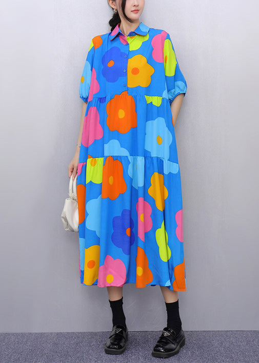 Fashion Blue Print Pockets Patchwork Cotton Blouses Dresses Half Sleeve