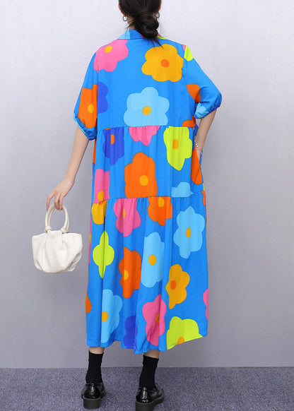 Fashion Blue Print Pockets Patchwork Cotton Blouses Dresses Half Sleeve