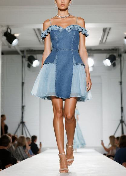 Fashion Blue Ruffled Tulle Patchwork Denim Dress Summer