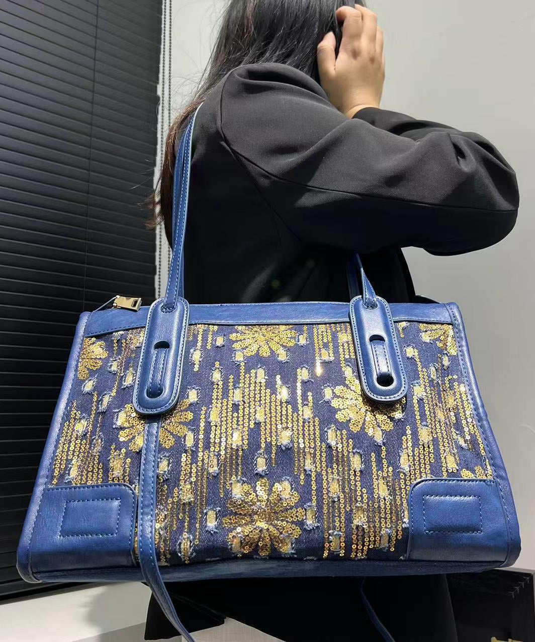 Fashion Blue Sequins Patchwork Denim Shoulder Bags