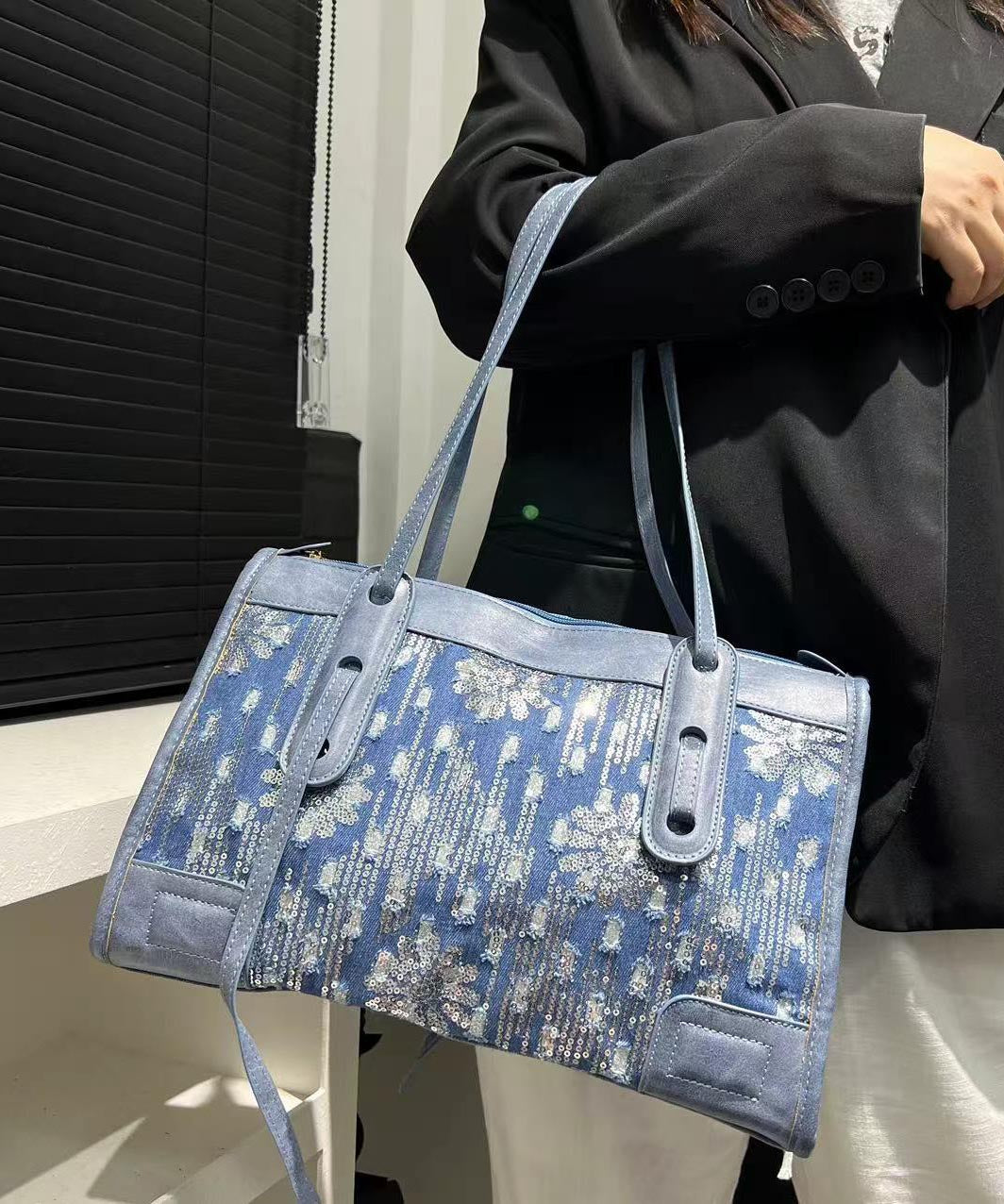 Fashion Blue Sequins Patchwork Denim Shoulder Bags