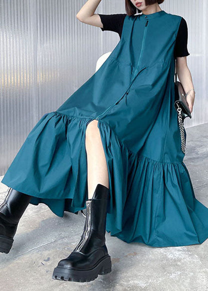 Mode Blau Stehkragen binden Taille Zip Up Mid Kleid Frühling