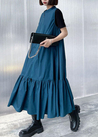 Mode Blau Stehkragen binden Taille Zip Up Mid Kleid Frühling