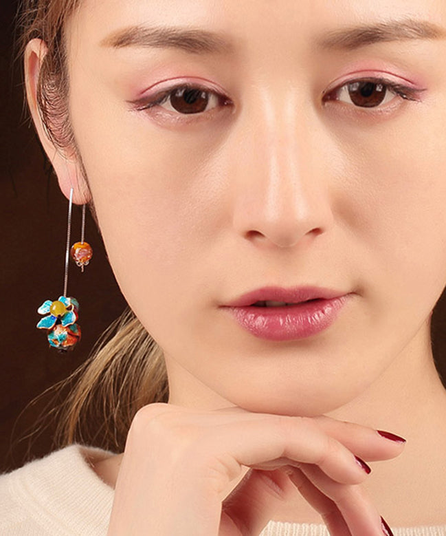 Mode Blau Sterling Silber Cloisonné Farbige Glasur Gelb Achat Tropfen Ohrringe