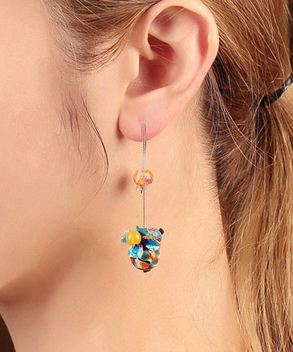 Mode Blau Sterling Silber Cloisonné Farbige Glasur Gelb Achat Tropfen Ohrringe