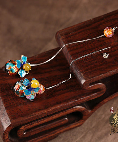 Mode Blau Sterling Silber Cloisonné Farbige Glasur Gelb Achat Tropfen Ohrringe